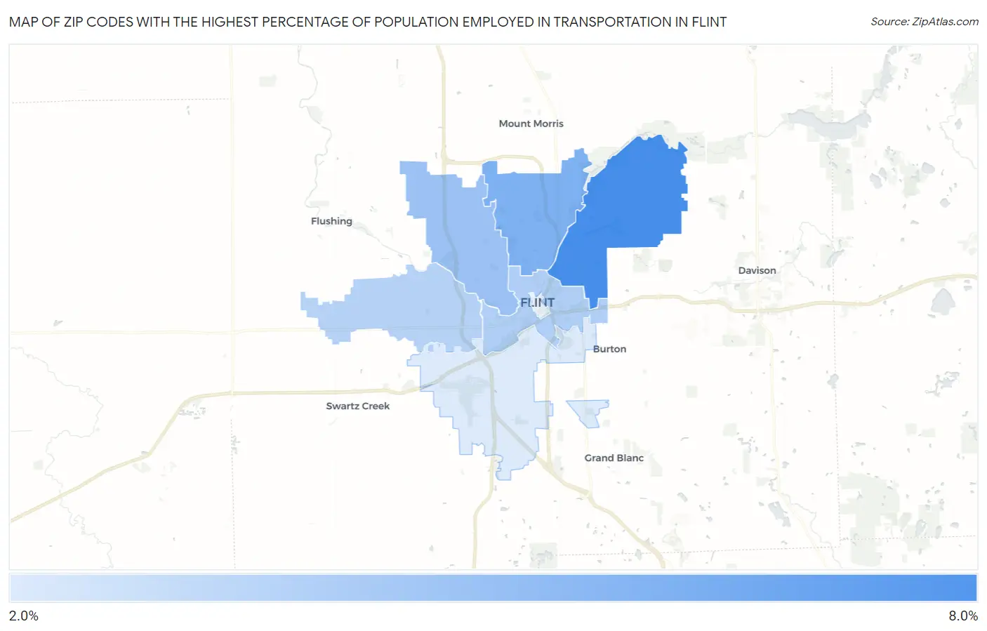 Zip Codes with the Highest Percentage of Population Employed in Transportation in Flint Map