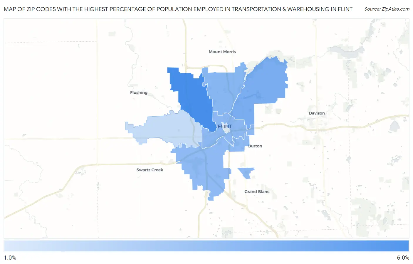 Zip Codes with the Highest Percentage of Population Employed in Transportation & Warehousing in Flint Map