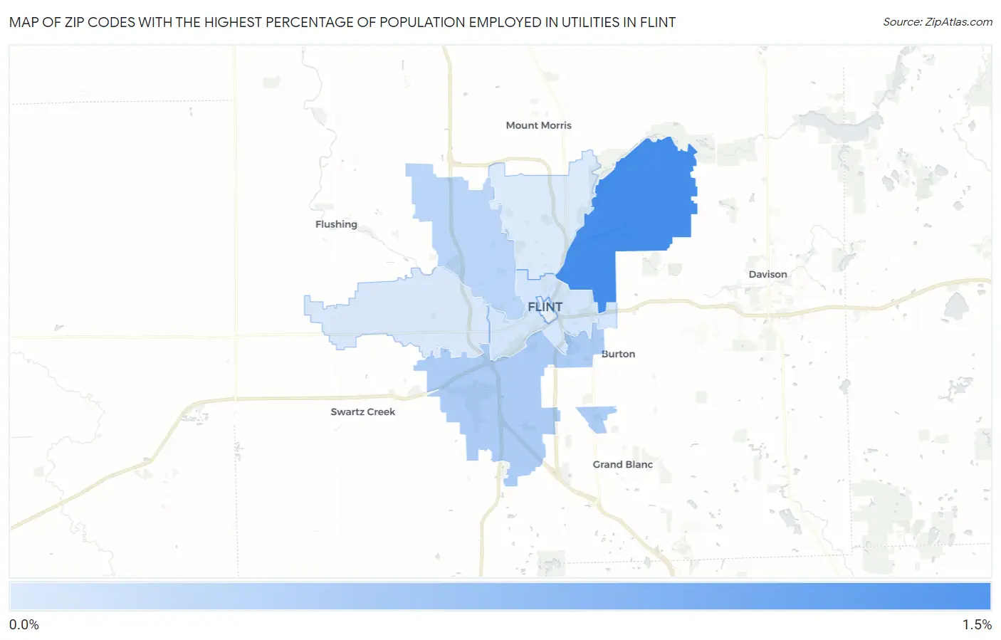 Zip Codes with the Highest Percentage of Population Employed in Utilities in Flint Map