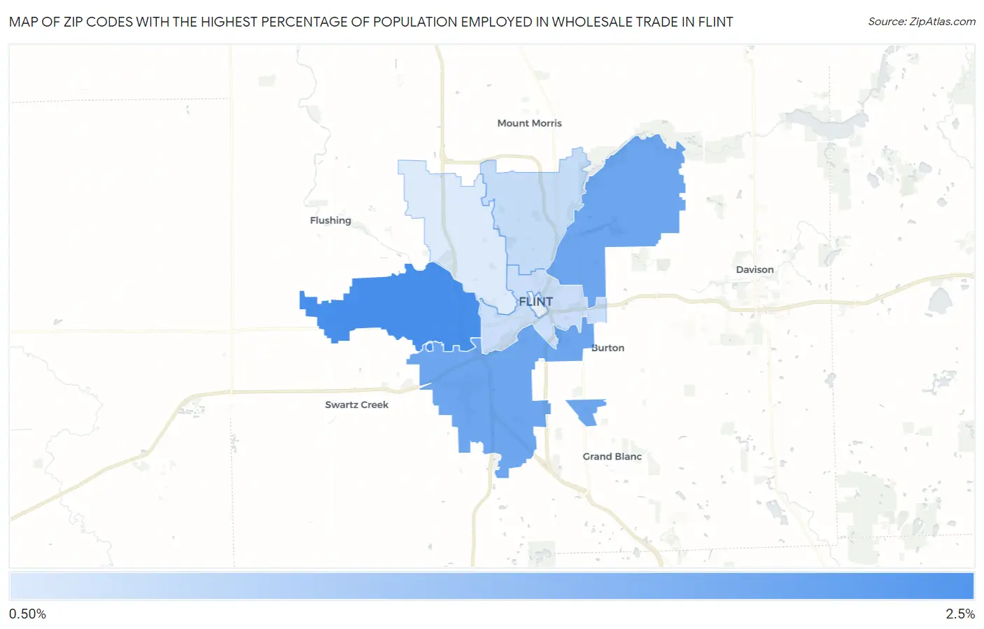 Zip Codes with the Highest Percentage of Population Employed in Wholesale Trade in Flint Map