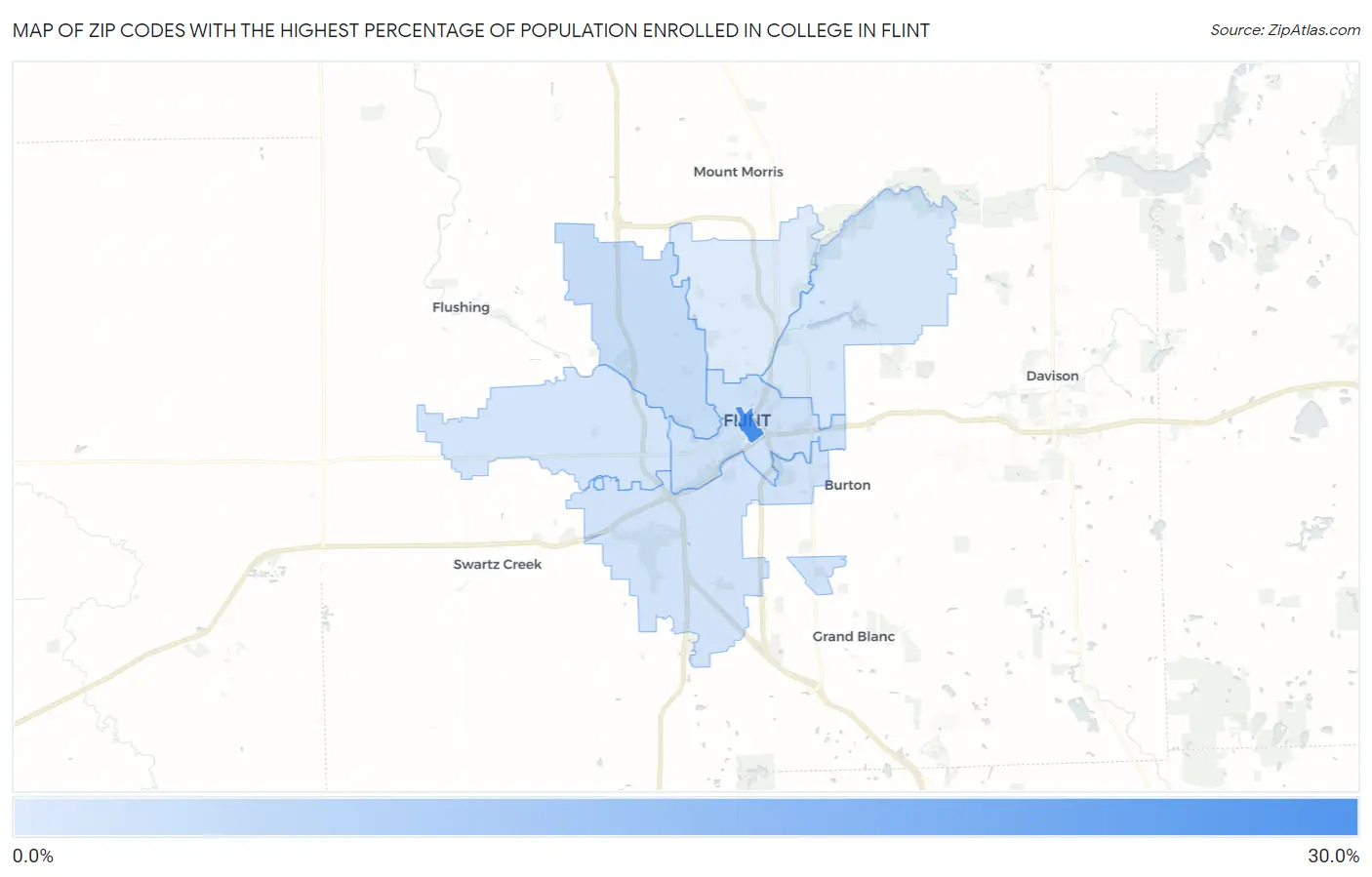 Zip Codes with the Highest Percentage of Population Enrolled in College in Flint Map