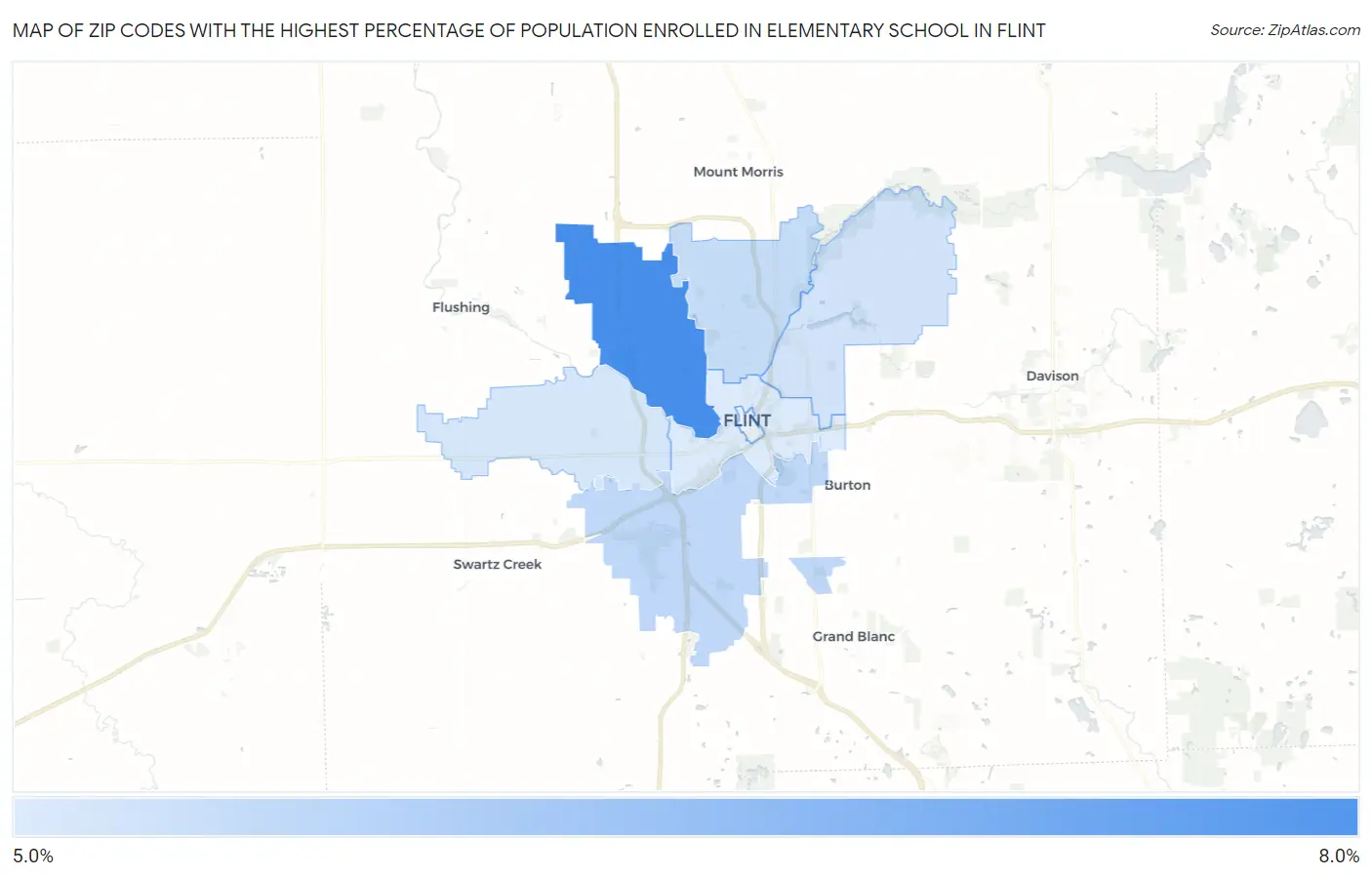 Zip Codes with the Highest Percentage of Population Enrolled in Elementary School in Flint Map