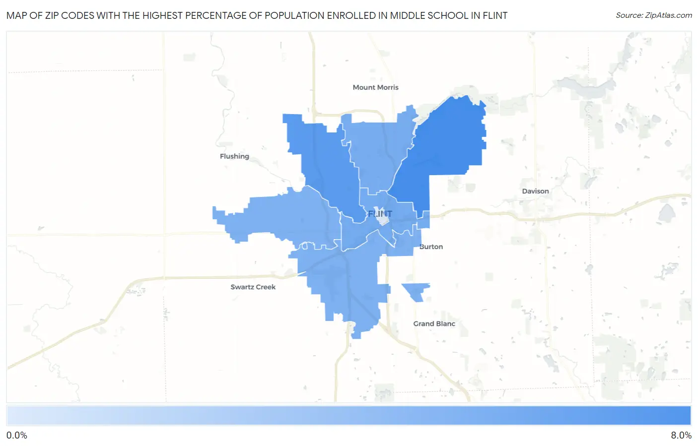 Zip Codes with the Highest Percentage of Population Enrolled in Middle School in Flint Map