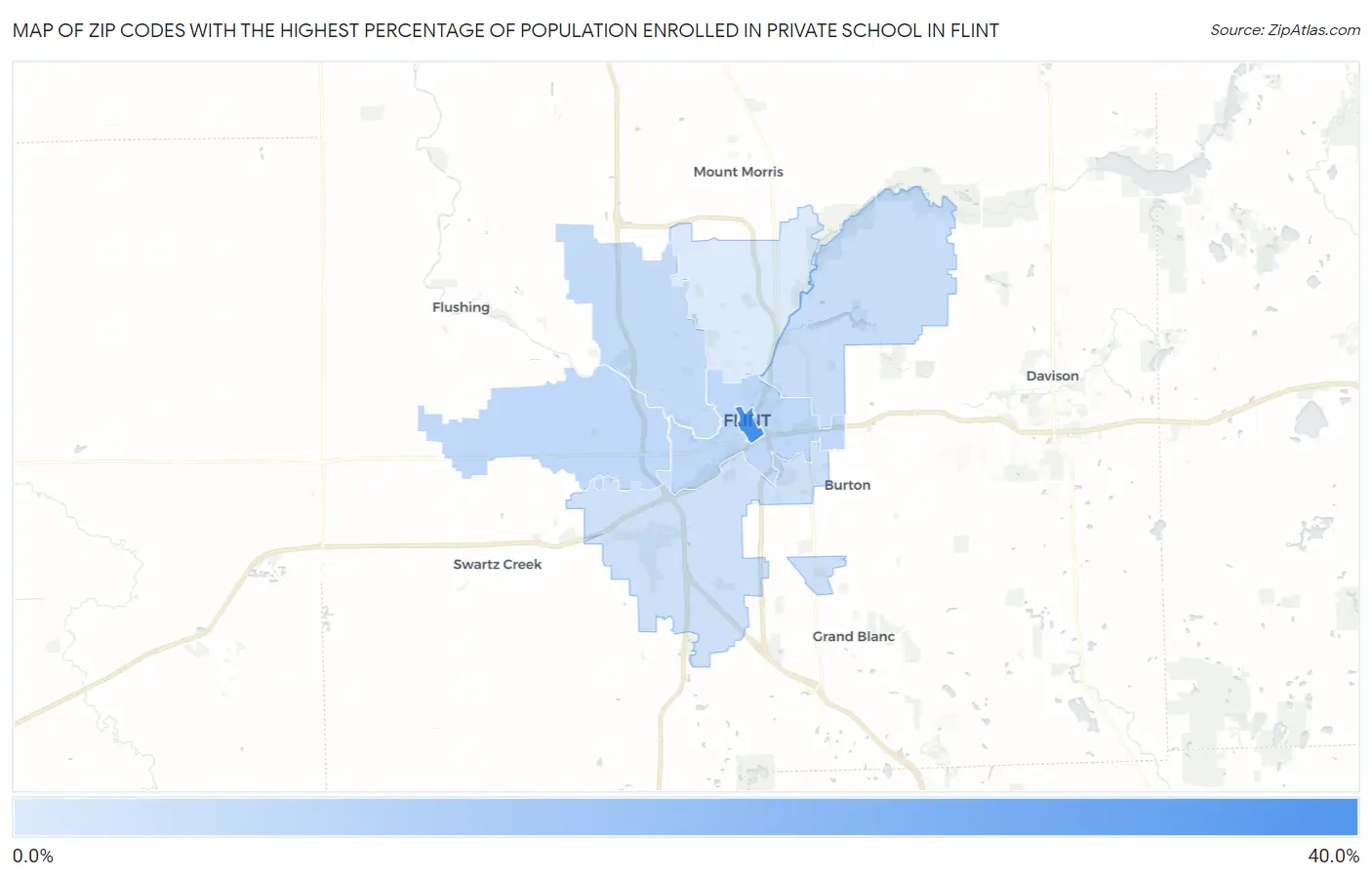 Zip Codes with the Highest Percentage of Population Enrolled in Private School in Flint Map