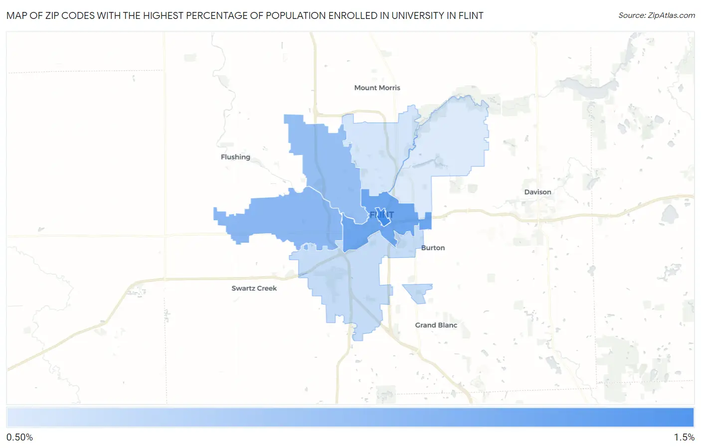 Zip Codes with the Highest Percentage of Population Enrolled in University in Flint Map