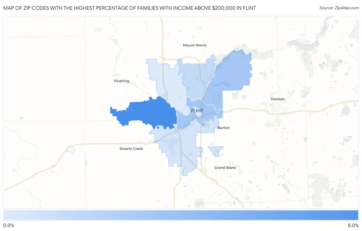 Zip Codes with the Highest Percentage of Families with Income Above $200,000 in Flint Map