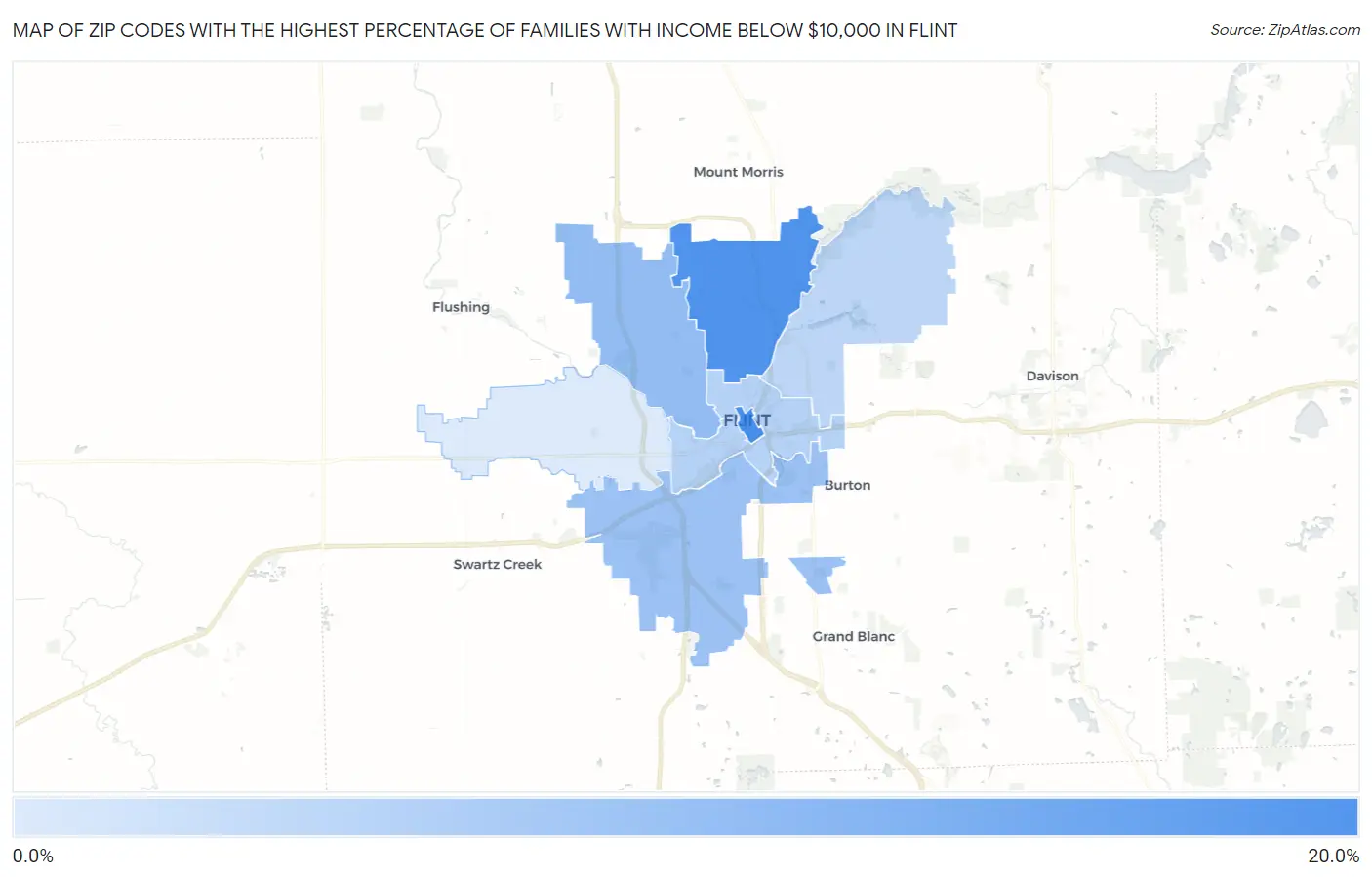 Zip Codes with the Highest Percentage of Families with Income Below $10,000 in Flint Map
