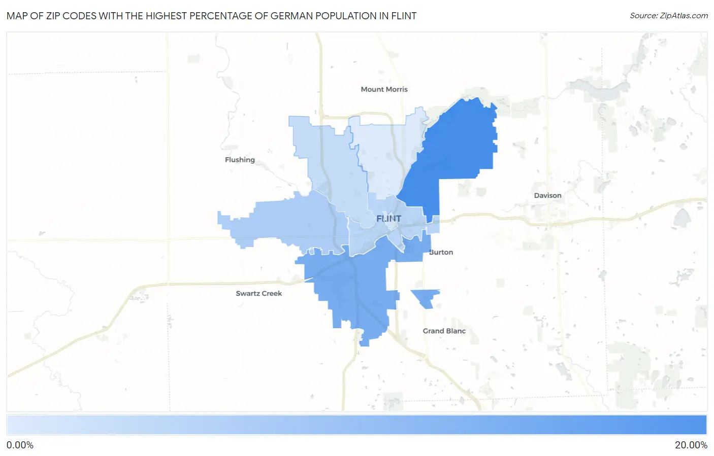Zip Codes with the Highest Percentage of German Population in Flint Map