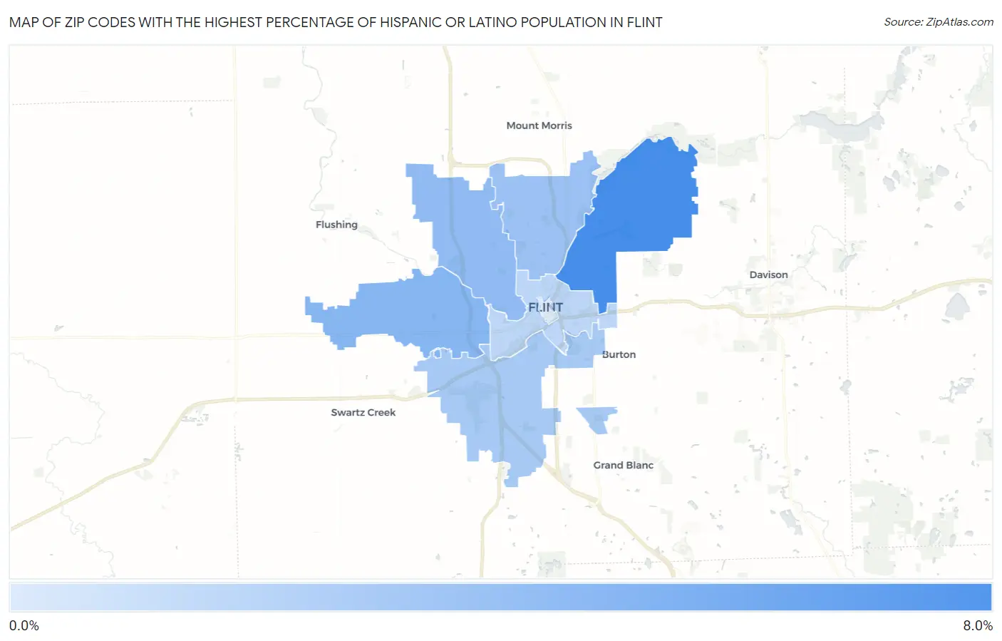 Zip Codes with the Highest Percentage of Hispanic or Latino Population in Flint Map