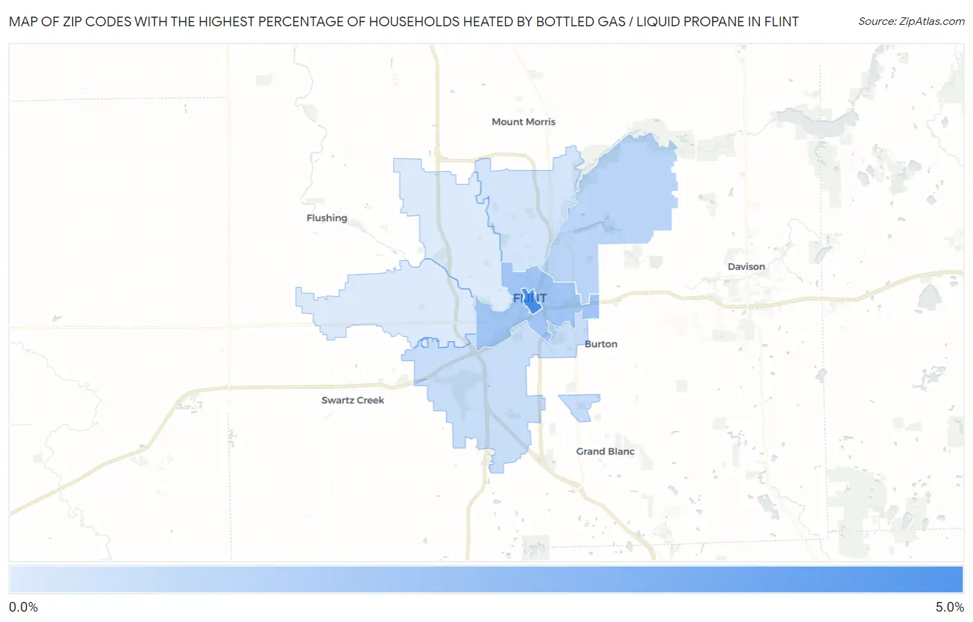 Zip Codes with the Highest Percentage of Households Heated by Bottled Gas / Liquid Propane in Flint Map