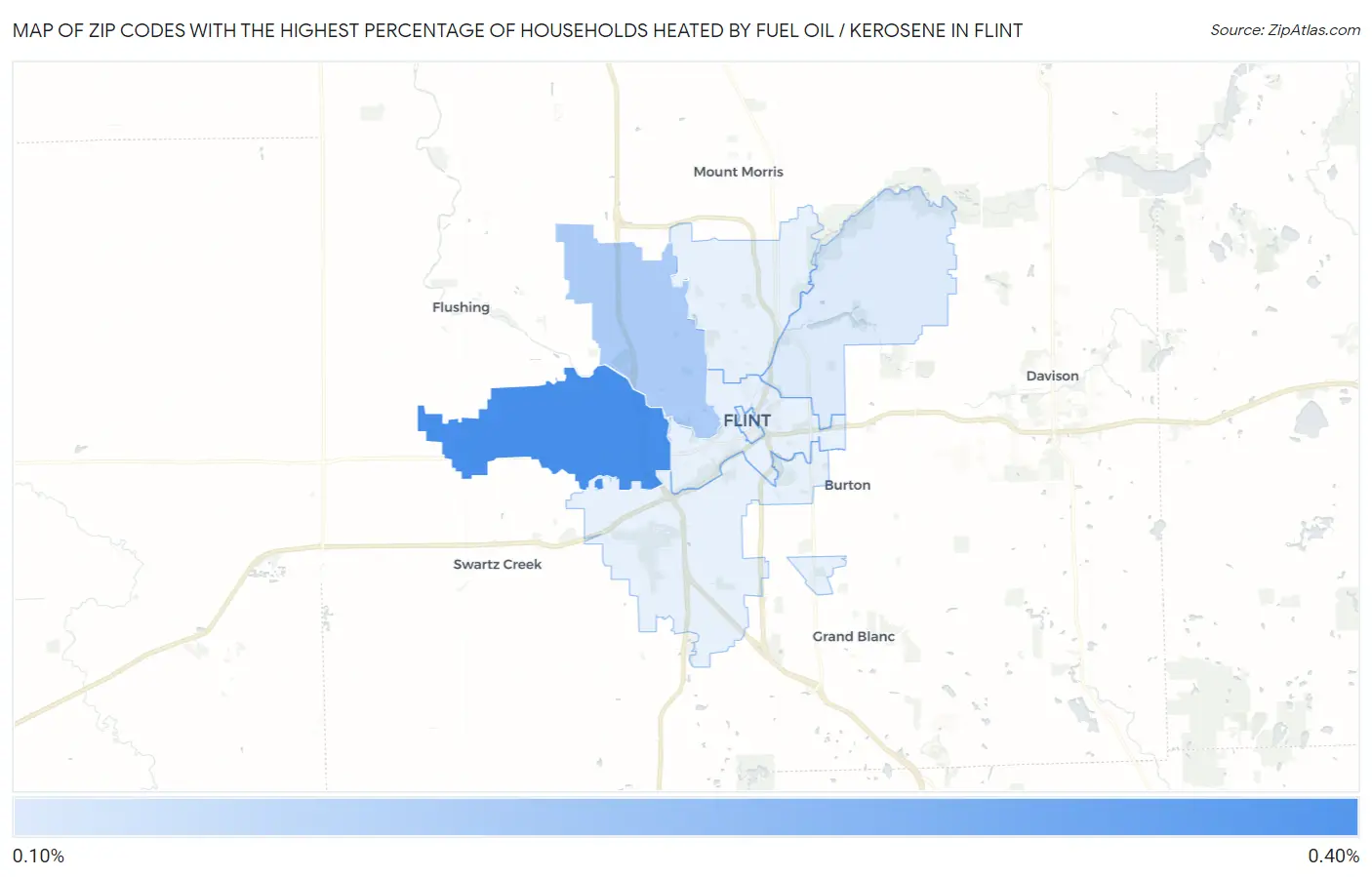 Zip Codes with the Highest Percentage of Households Heated by Fuel Oil / Kerosene in Flint Map