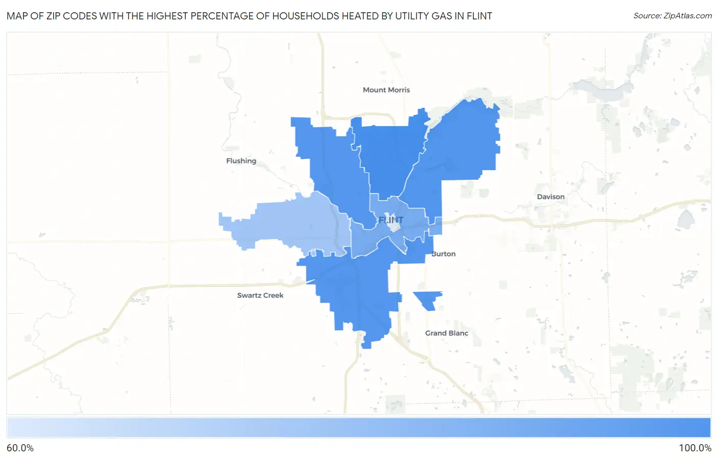 Zip Codes with the Highest Percentage of Households Heated by Utility Gas in Flint Map