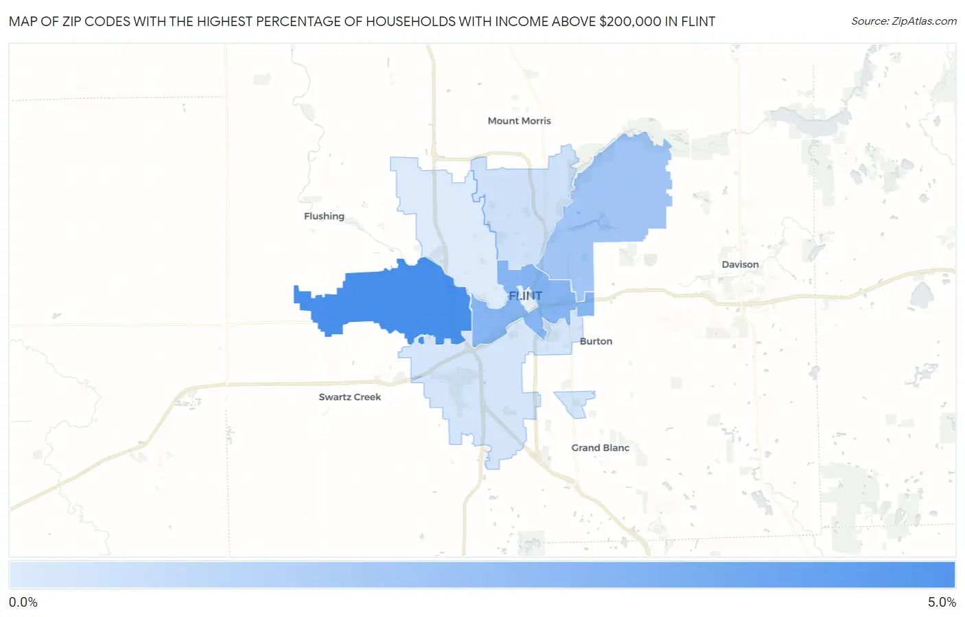 Zip Codes with the Highest Percentage of Households with Income Above $200,000 in Flint Map