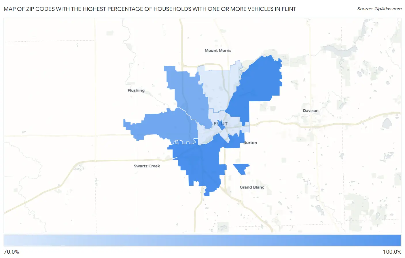Zip Codes with the Highest Percentage of Households With One or more Vehicles in Flint Map