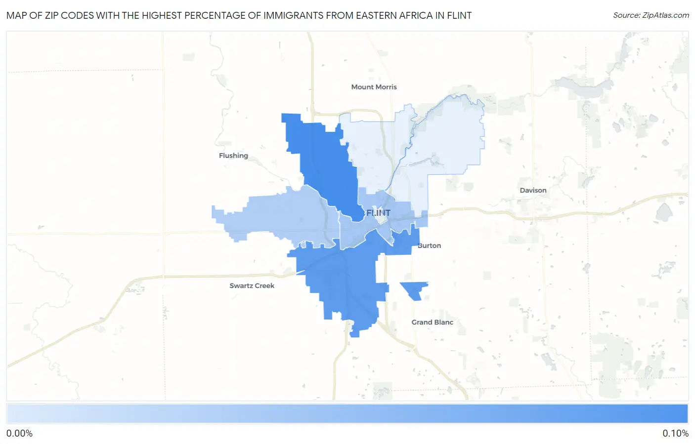 Zip Codes with the Highest Percentage of Immigrants from Eastern Africa in Flint Map