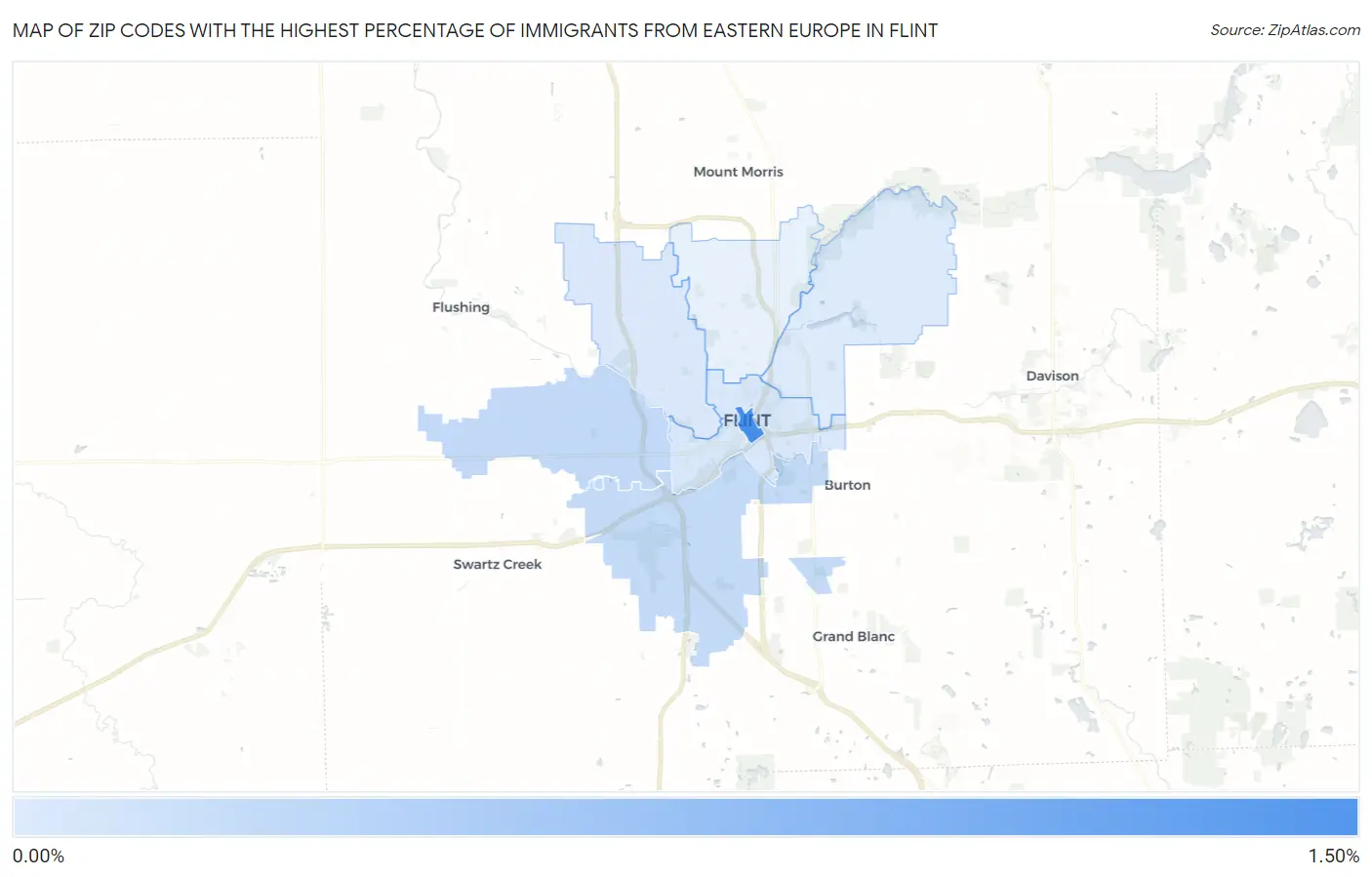 Zip Codes with the Highest Percentage of Immigrants from Eastern Europe in Flint Map