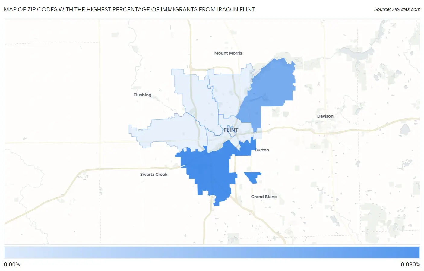 Zip Codes with the Highest Percentage of Immigrants from Iraq in Flint Map