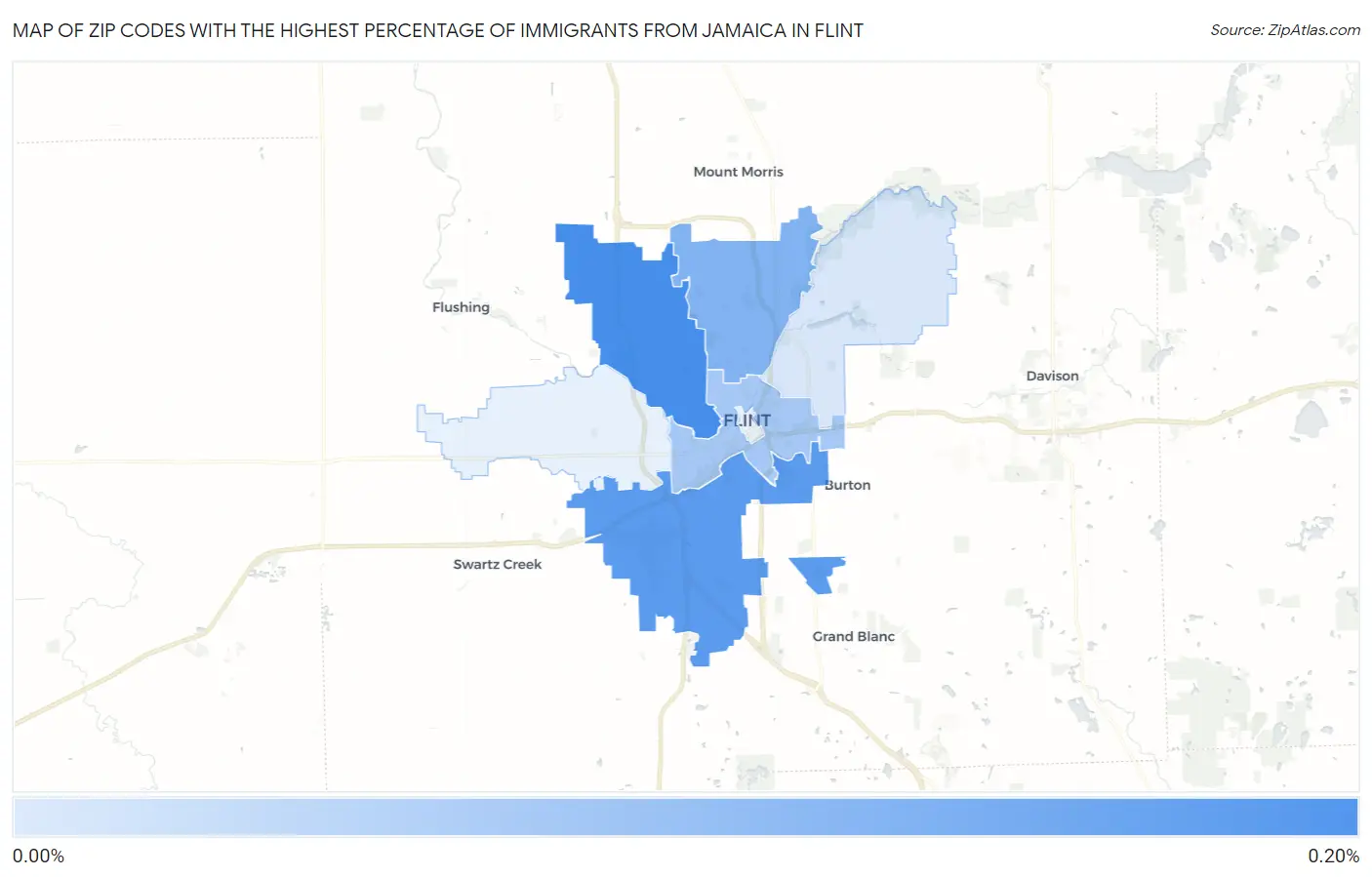 Zip Codes with the Highest Percentage of Immigrants from Jamaica in Flint Map