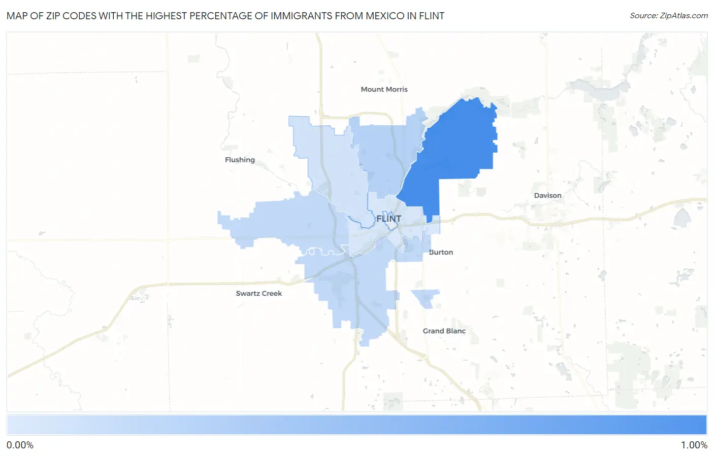 Zip Codes with the Highest Percentage of Immigrants from Mexico in Flint Map