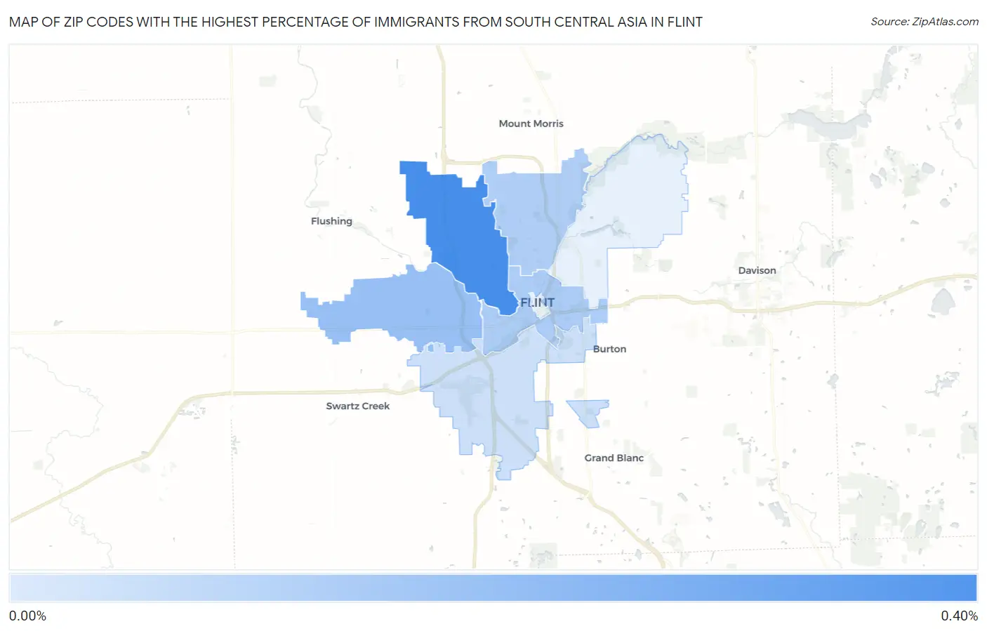 Zip Codes with the Highest Percentage of Immigrants from South Central Asia in Flint Map