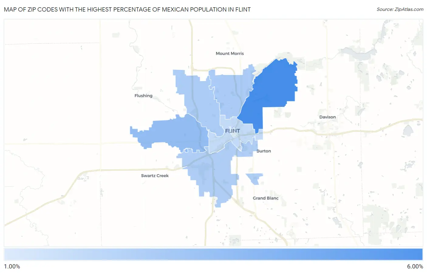 Zip Codes with the Highest Percentage of Mexican Population in Flint Map