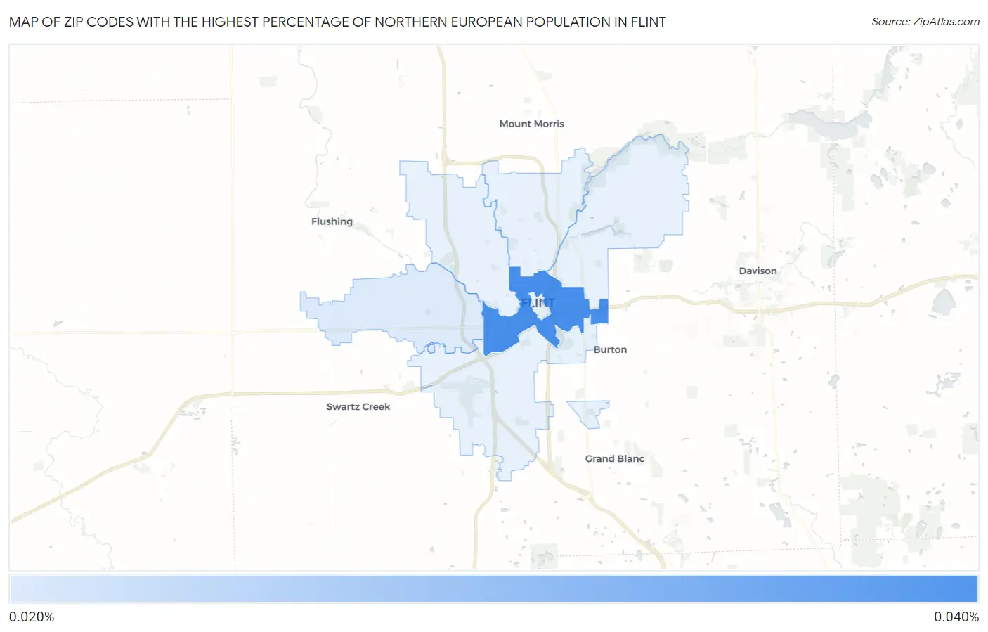 Zip Codes with the Highest Percentage of Northern European Population in Flint Map