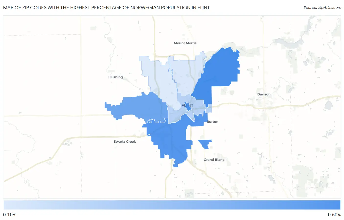 Zip Codes with the Highest Percentage of Norwegian Population in Flint Map