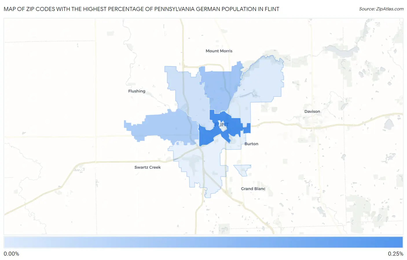 Zip Codes with the Highest Percentage of Pennsylvania German Population in Flint Map