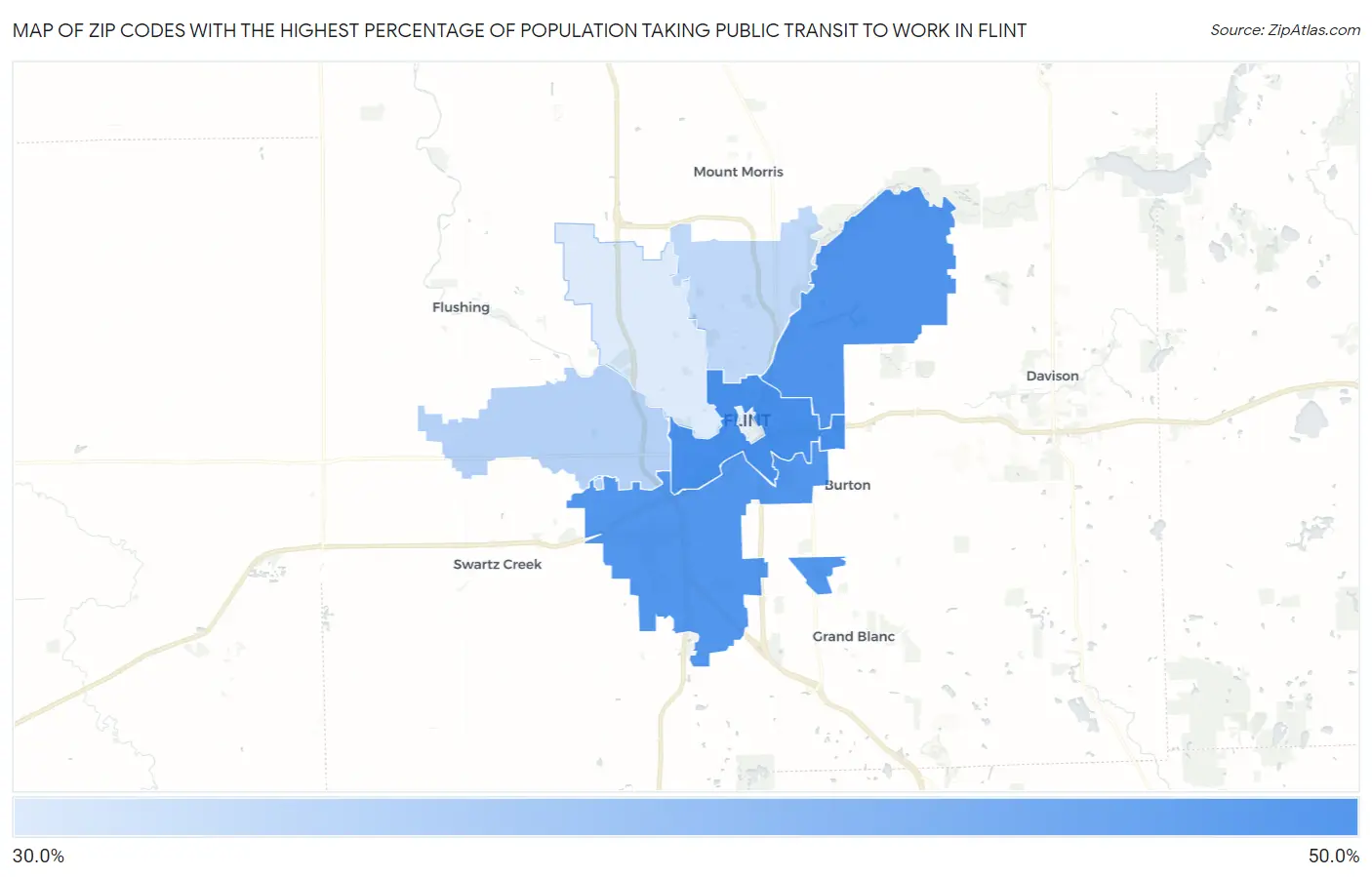 Zip Codes with the Highest Percentage of Population Taking Public Transit to Work in Flint Map