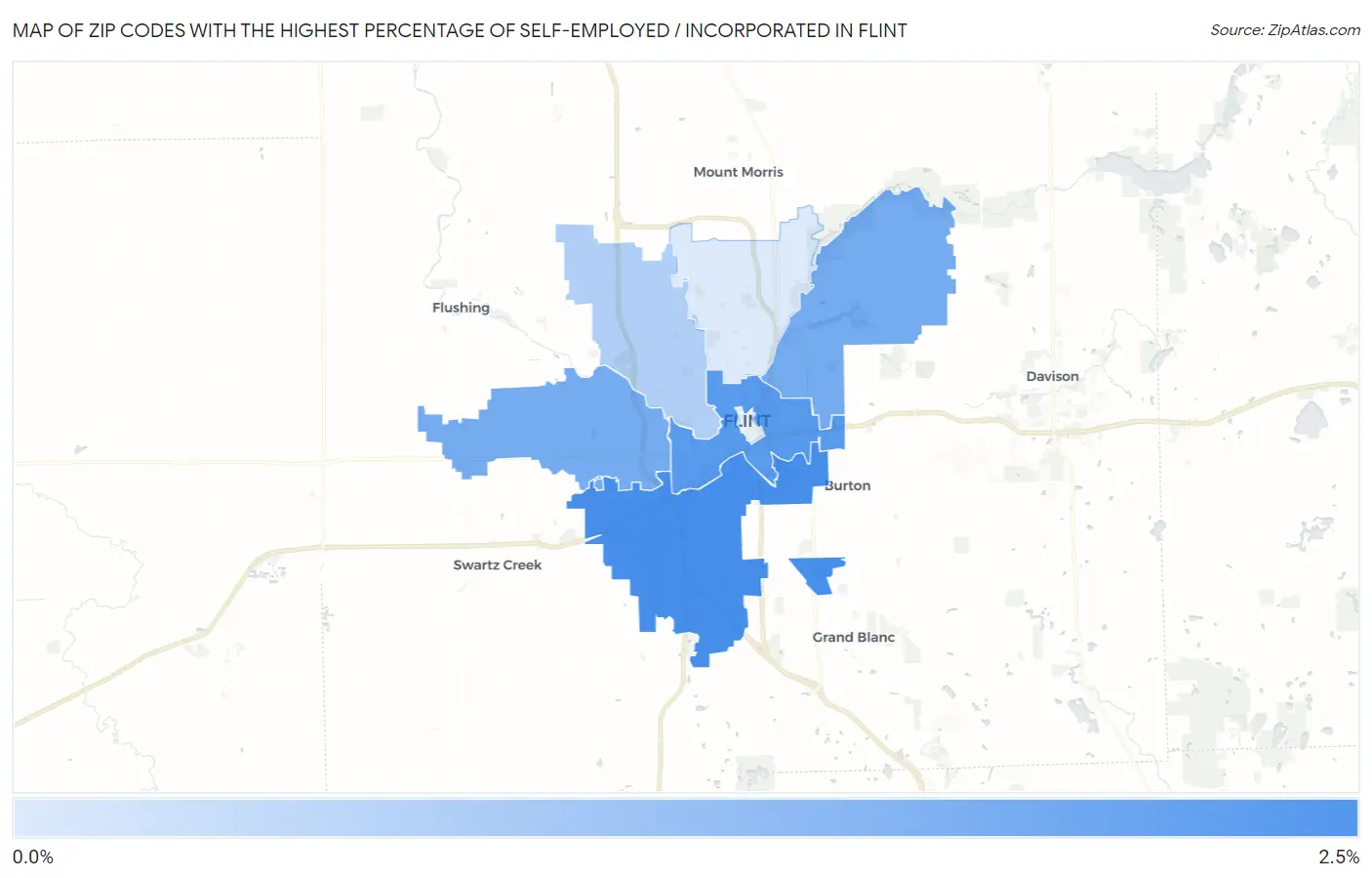Zip Codes with the Highest Percentage of Self-Employed / Incorporated in Flint Map