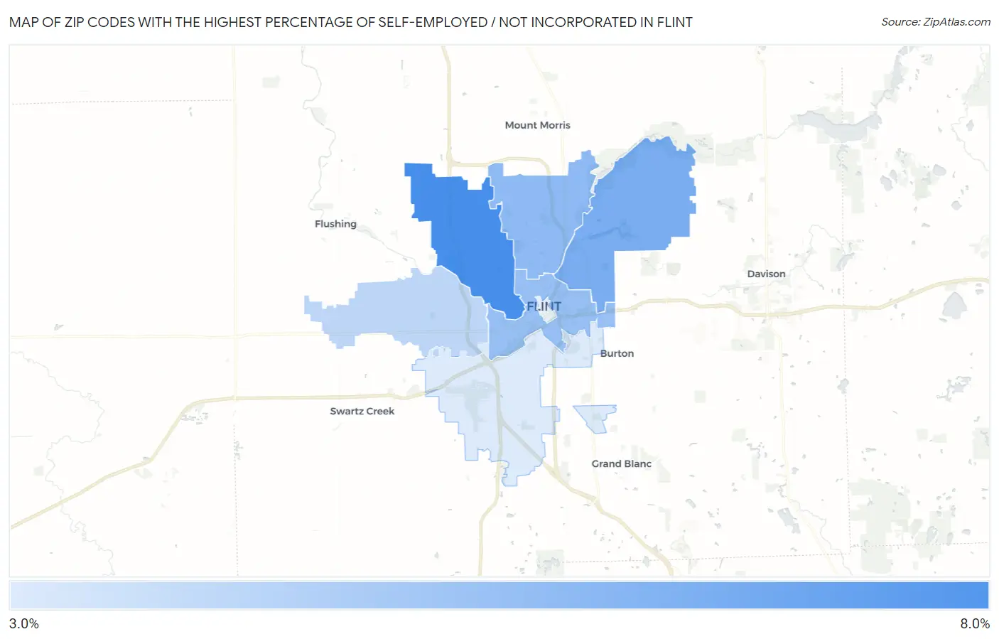 Zip Codes with the Highest Percentage of Self-Employed / Not Incorporated in Flint Map