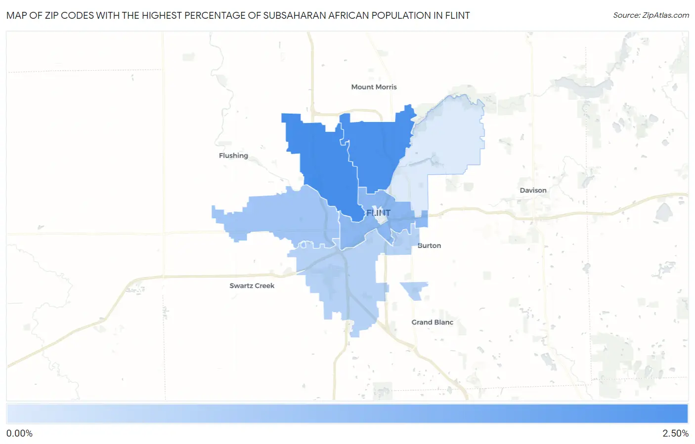 Zip Codes with the Highest Percentage of Subsaharan African Population in Flint Map