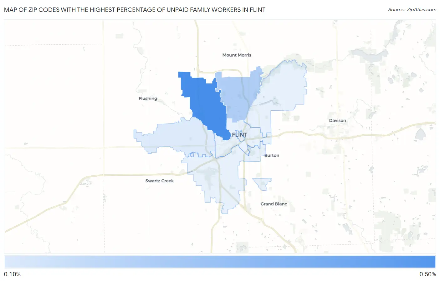 Zip Codes with the Highest Percentage of Unpaid Family Workers in Flint Map