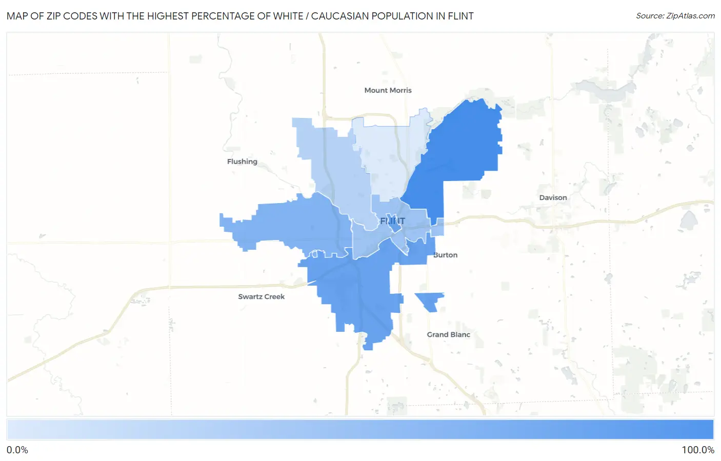 Zip Codes with the Highest Percentage of White / Caucasian Population in Flint Map