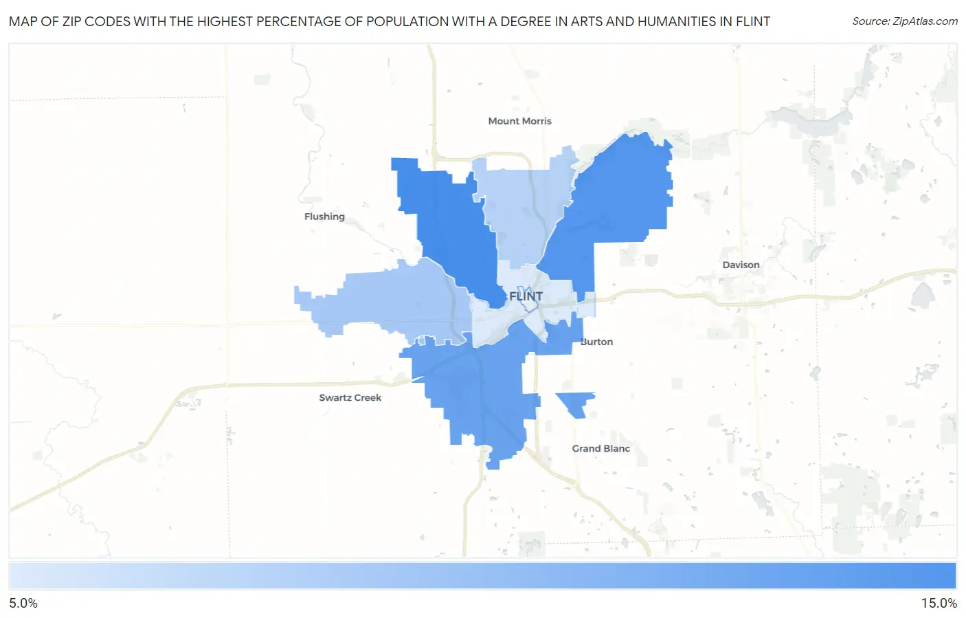 Zip Codes with the Highest Percentage of Population with a Degree in Arts and Humanities in Flint Map