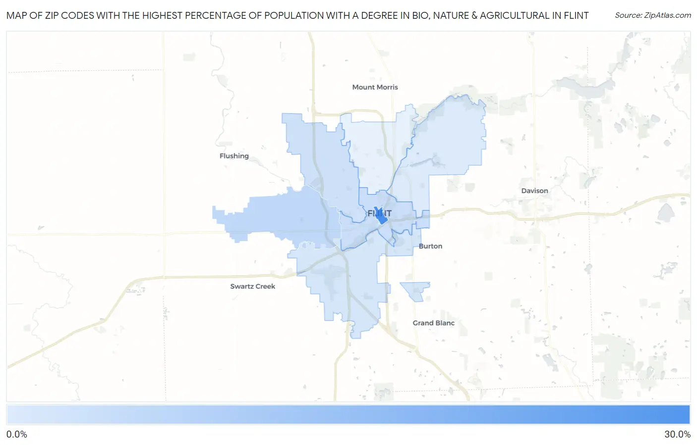 Zip Codes with the Highest Percentage of Population with a Degree in Bio, Nature & Agricultural in Flint Map