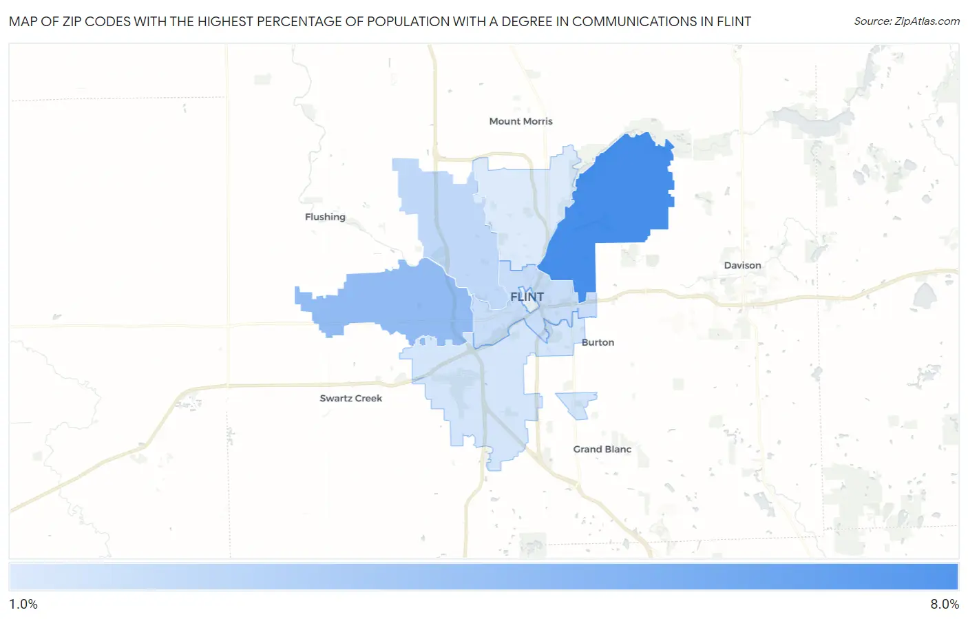 Zip Codes with the Highest Percentage of Population with a Degree in Communications in Flint Map