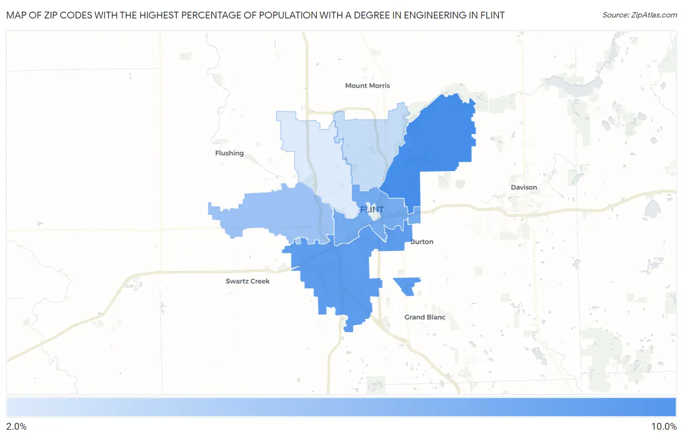 Zip Codes with the Highest Percentage of Population with a Degree in Engineering in Flint Map