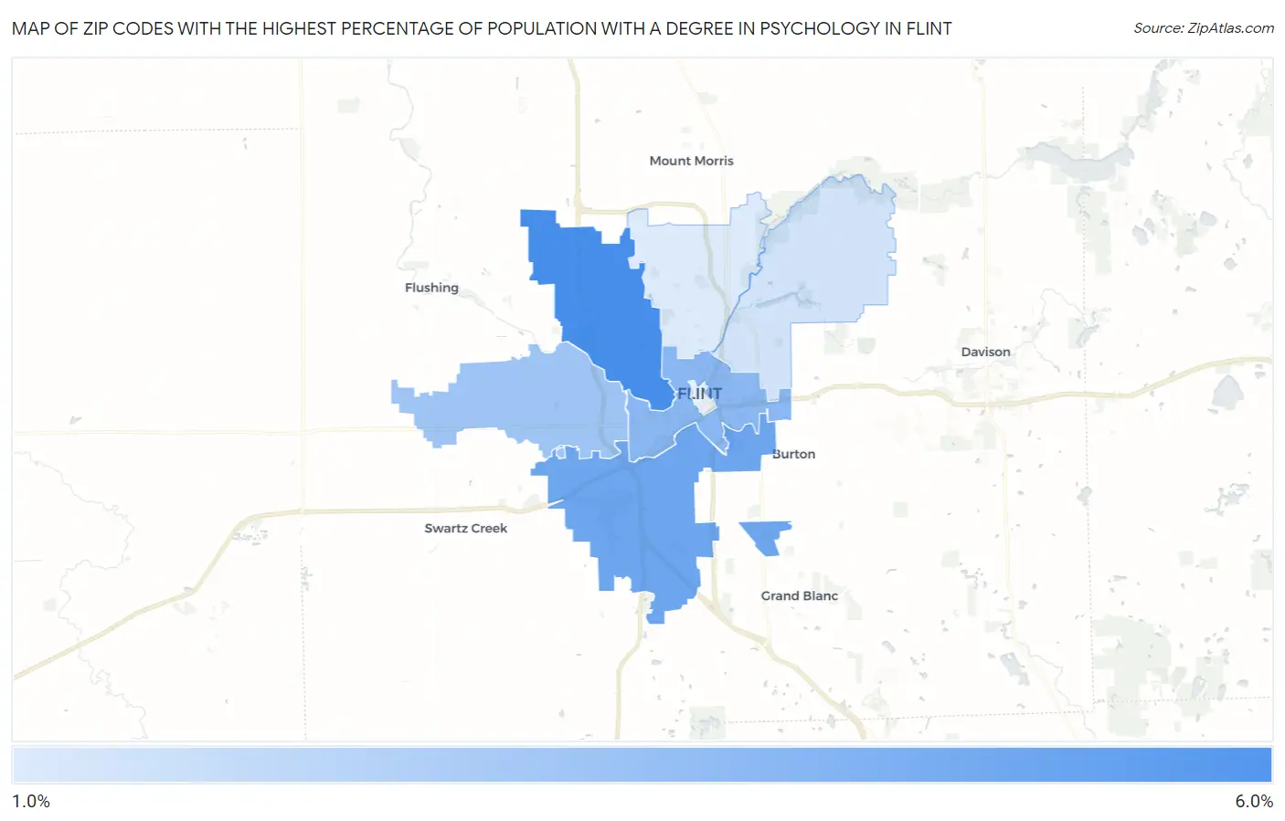 Zip Codes with the Highest Percentage of Population with a Degree in Psychology in Flint Map