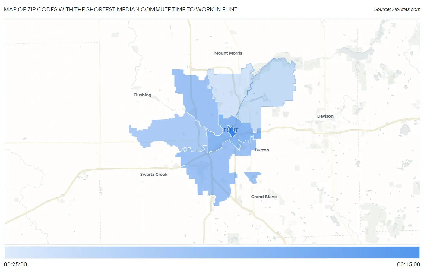 Zip Codes with the Shortest Median Commute Time to Work in Flint Map