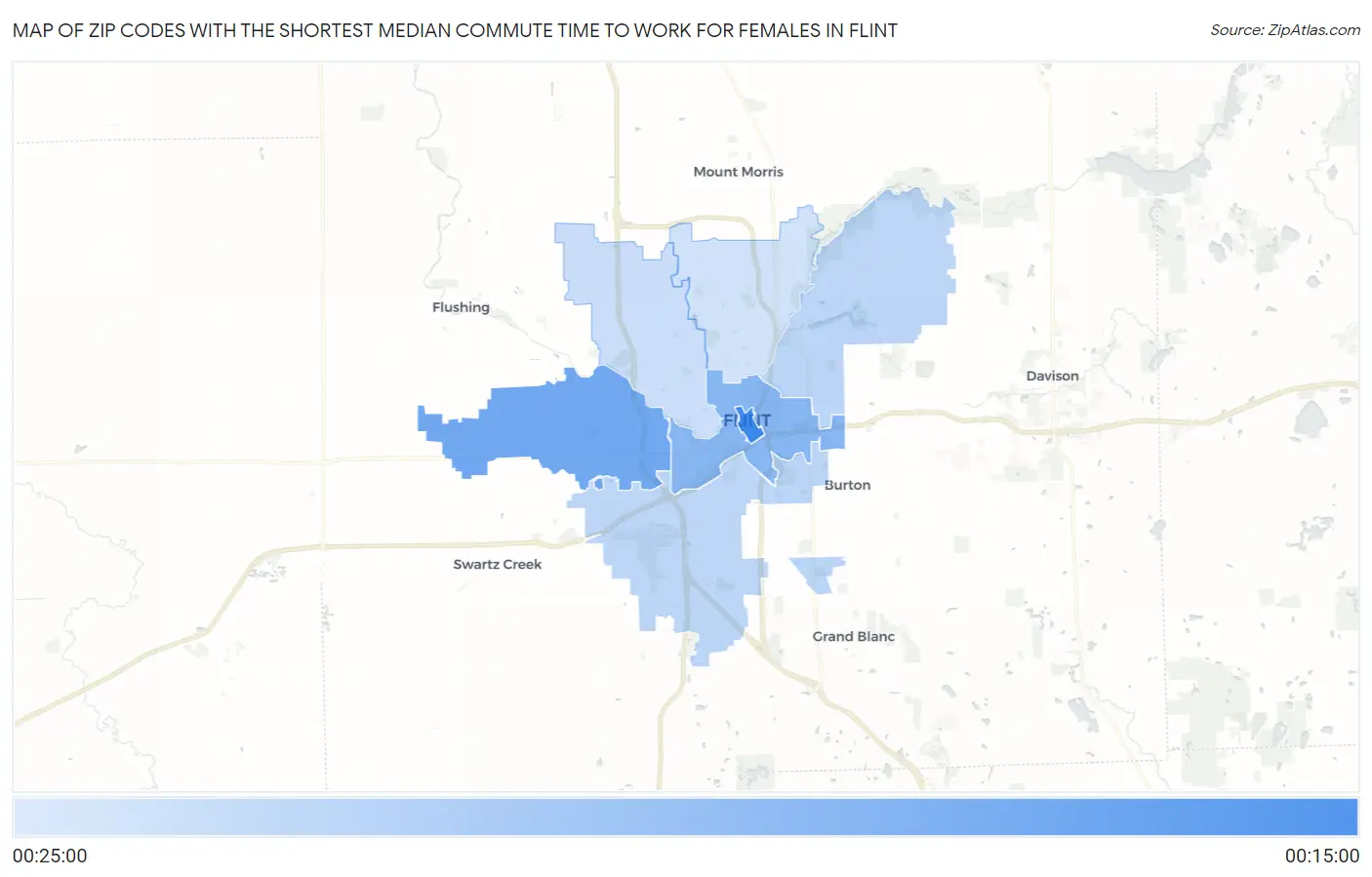 Zip Codes with the Shortest Median Commute Time to Work for Females in Flint Map