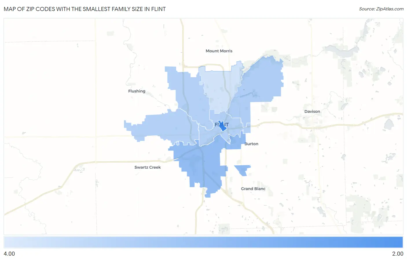 Zip Codes with the Smallest Family Size in Flint Map