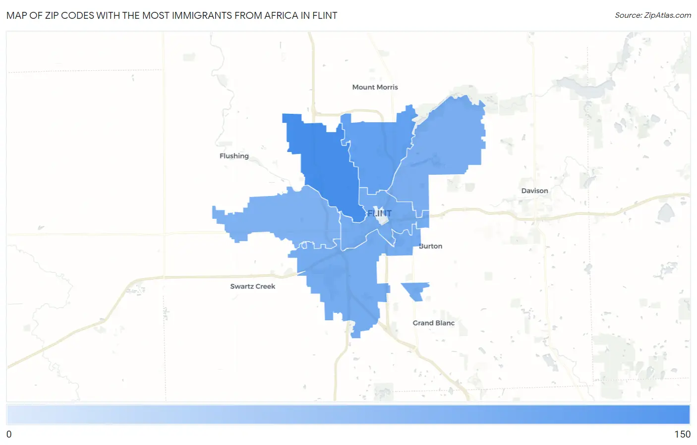 Zip Codes with the Most Immigrants from Africa in Flint Map