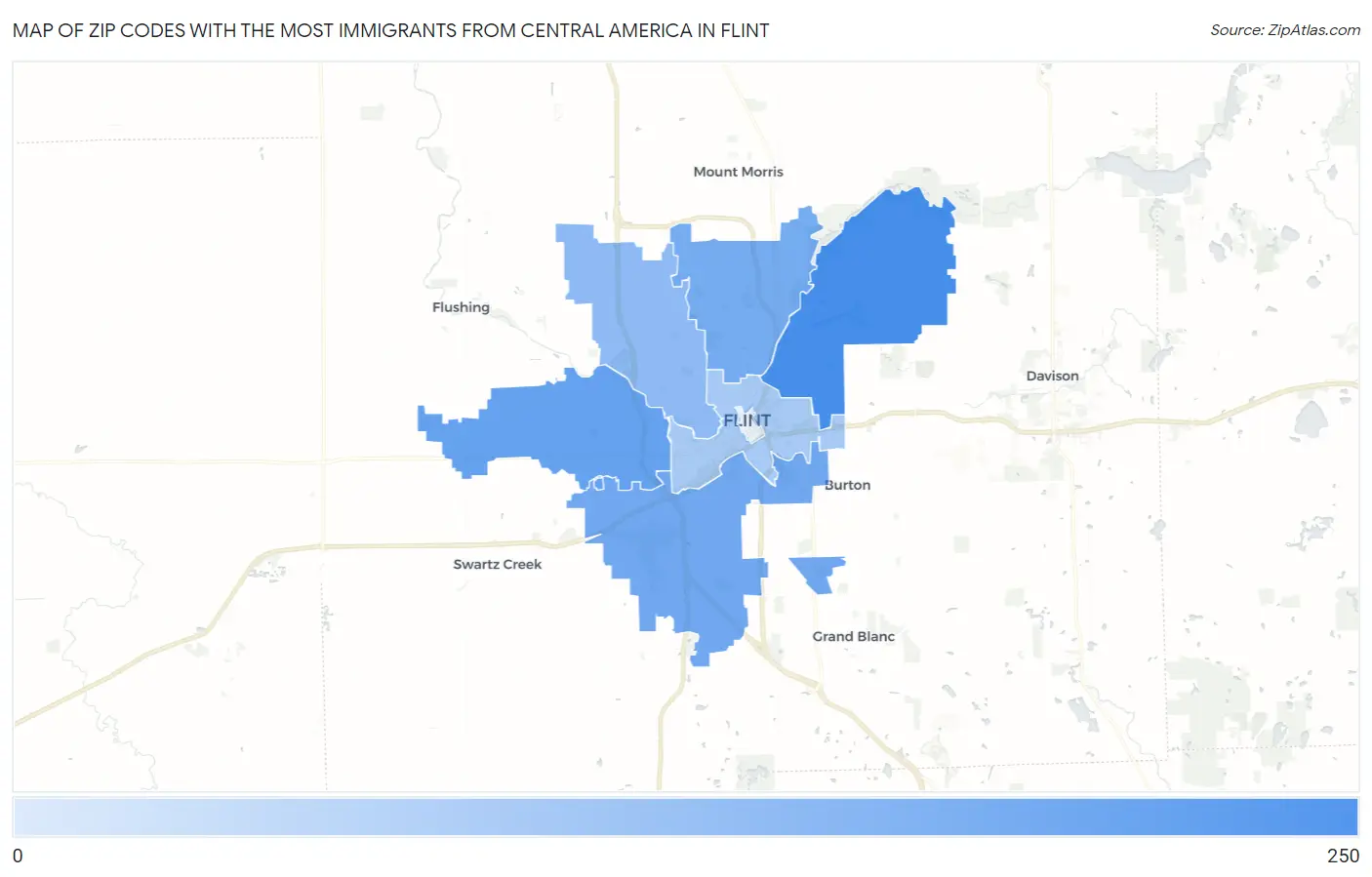 Zip Codes with the Most Immigrants from Central America in Flint Map