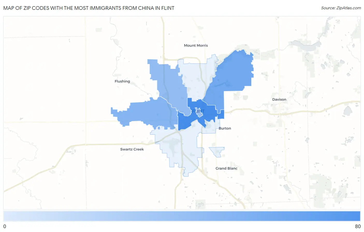 Zip Codes with the Most Immigrants from China in Flint Map