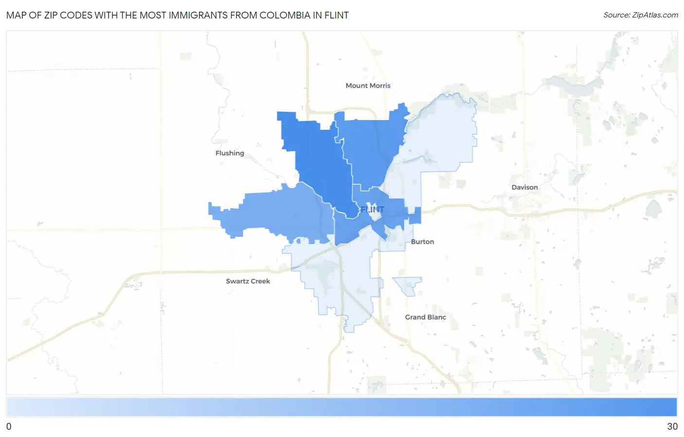 Zip Codes with the Most Immigrants from Colombia in Flint Map