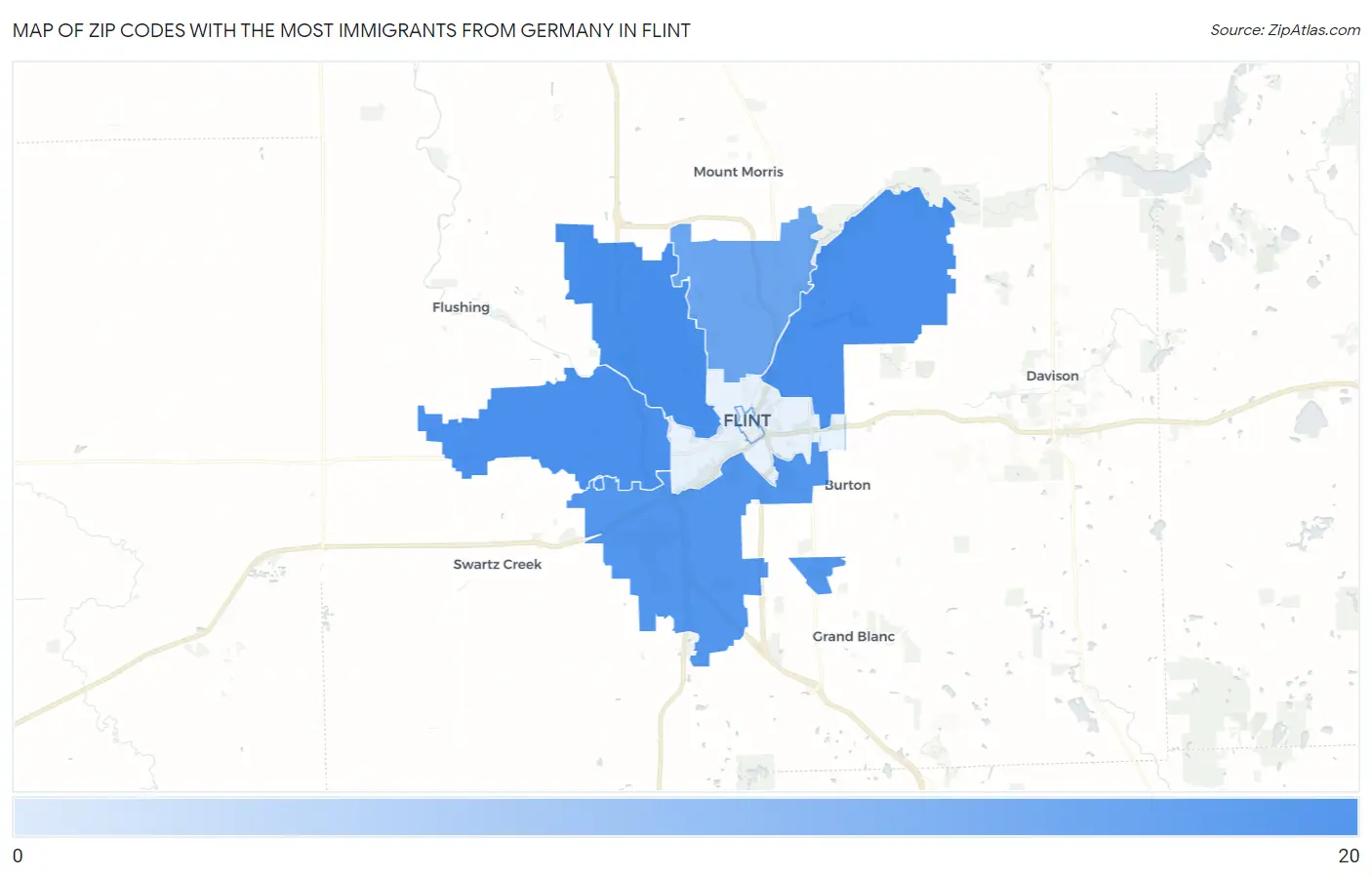 Zip Codes with the Most Immigrants from Germany in Flint Map
