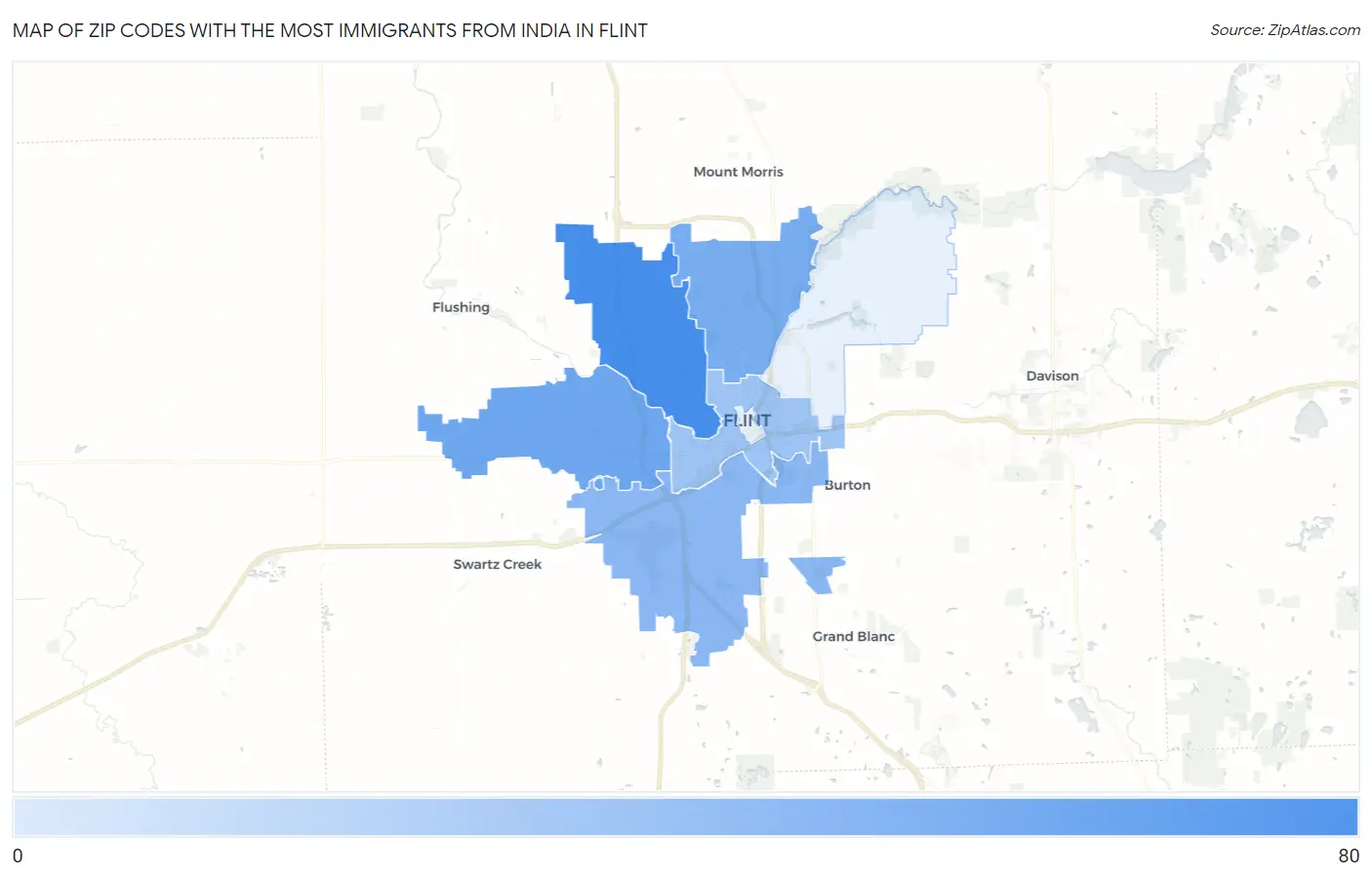 Zip Codes with the Most Immigrants from India in Flint Map