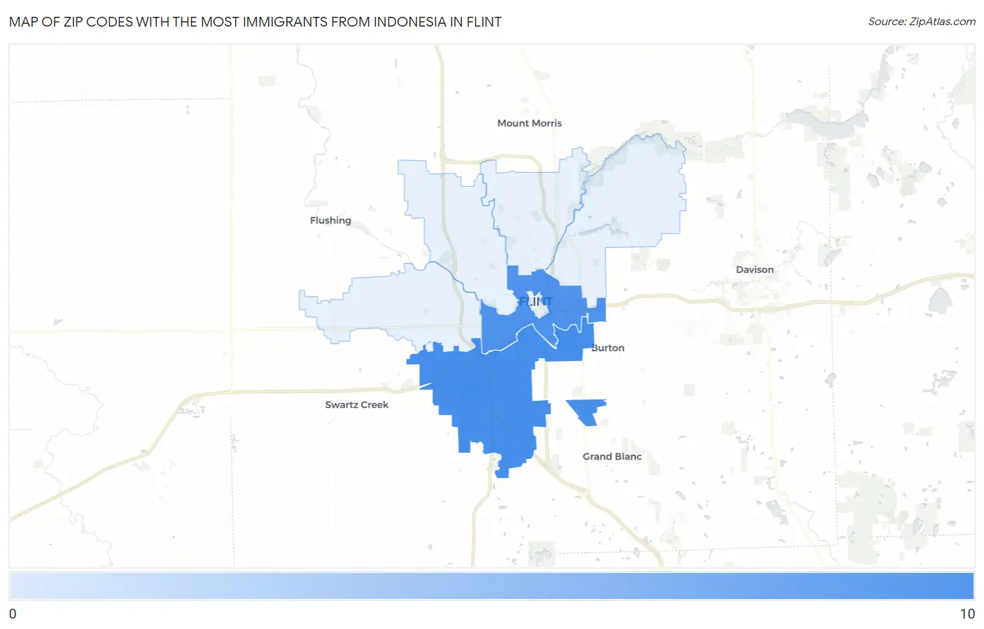 Zip Codes with the Most Immigrants from Indonesia in Flint Map