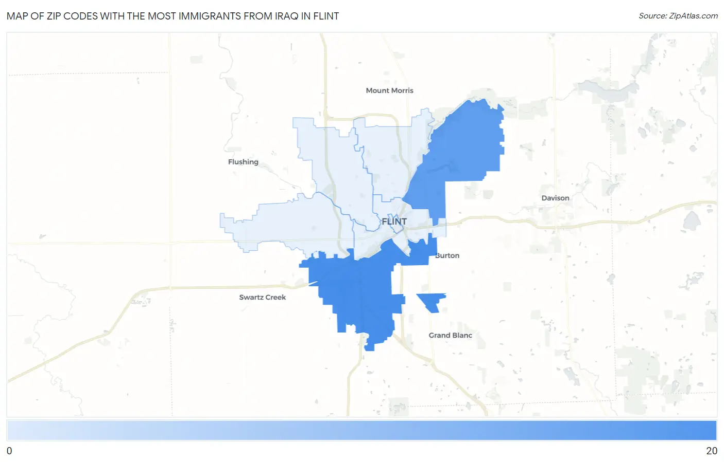 Zip Codes with the Most Immigrants from Iraq in Flint Map
